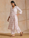 trueBrowns Pink Big Buta On White Print Cotton Angrakha Kurta Pant Set | Grocsy