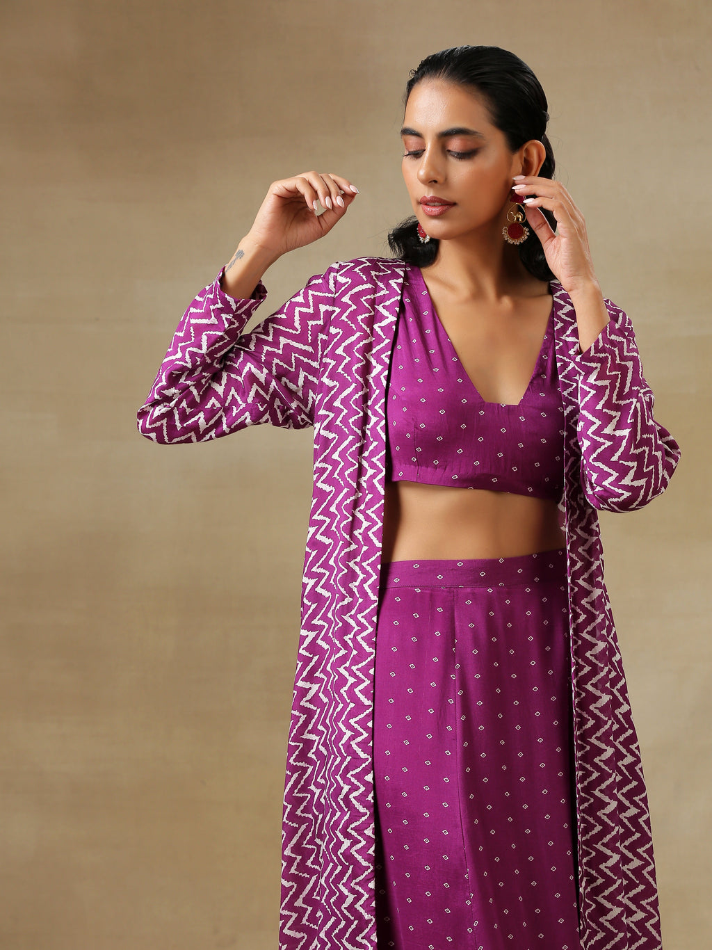 trueBrowns Purple Bandhani Printed Silk Top Skirt Jacket Set | Grocsy