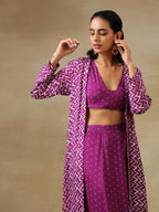 trueBrowns Purple Bandhani Printed Silk Top Skirt Jacket Set | Grocsy