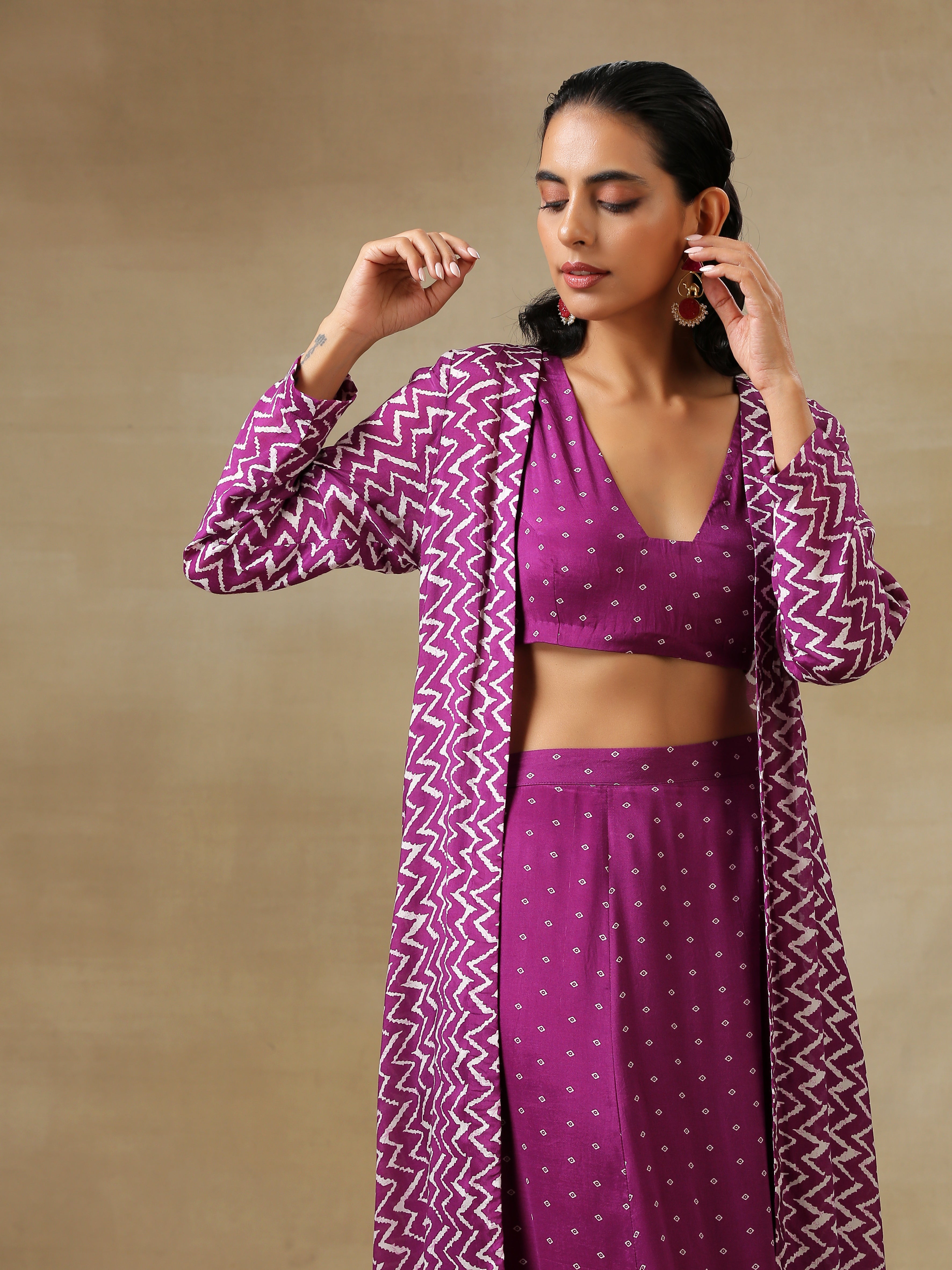 trueBrowns Purple Bandhani Printed Silk Top Skirt Jacket Set | Grocsy