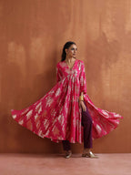 trueBrowns Pink Metallic Flared Anarkali Kurta Set | Grocsy