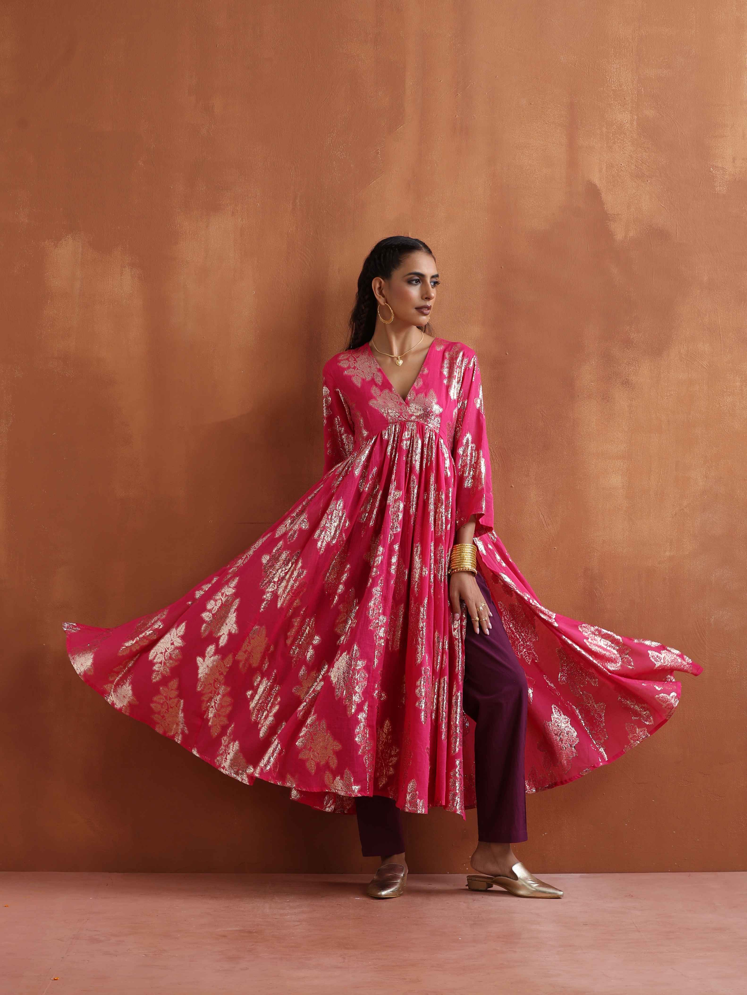 trueBrowns Pink Metallic Flared Anarkali Kurta Set | Grocsy