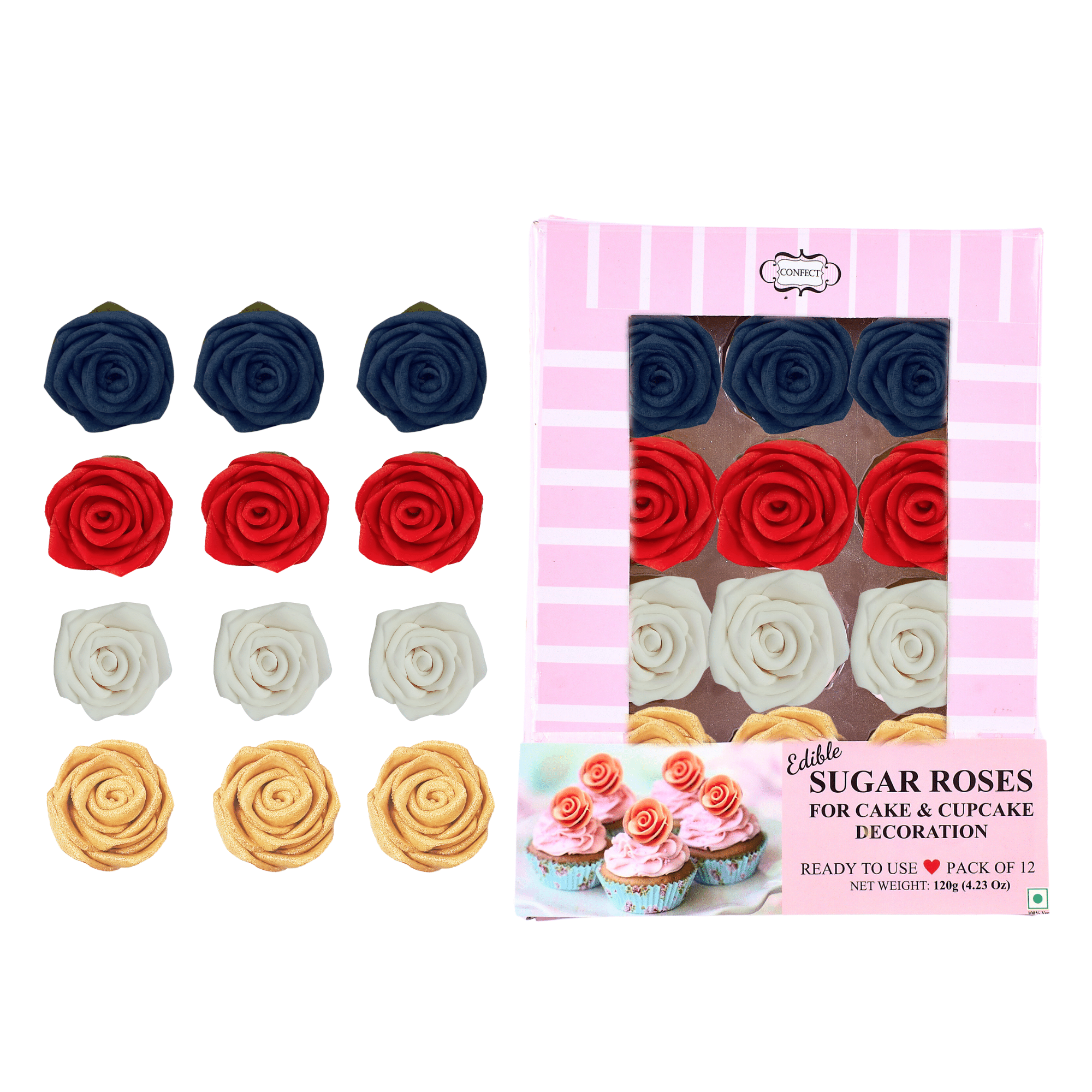 Confect Edible Sugar Roses Cake Toppers - Pack of 12 (03) | Grocsy
