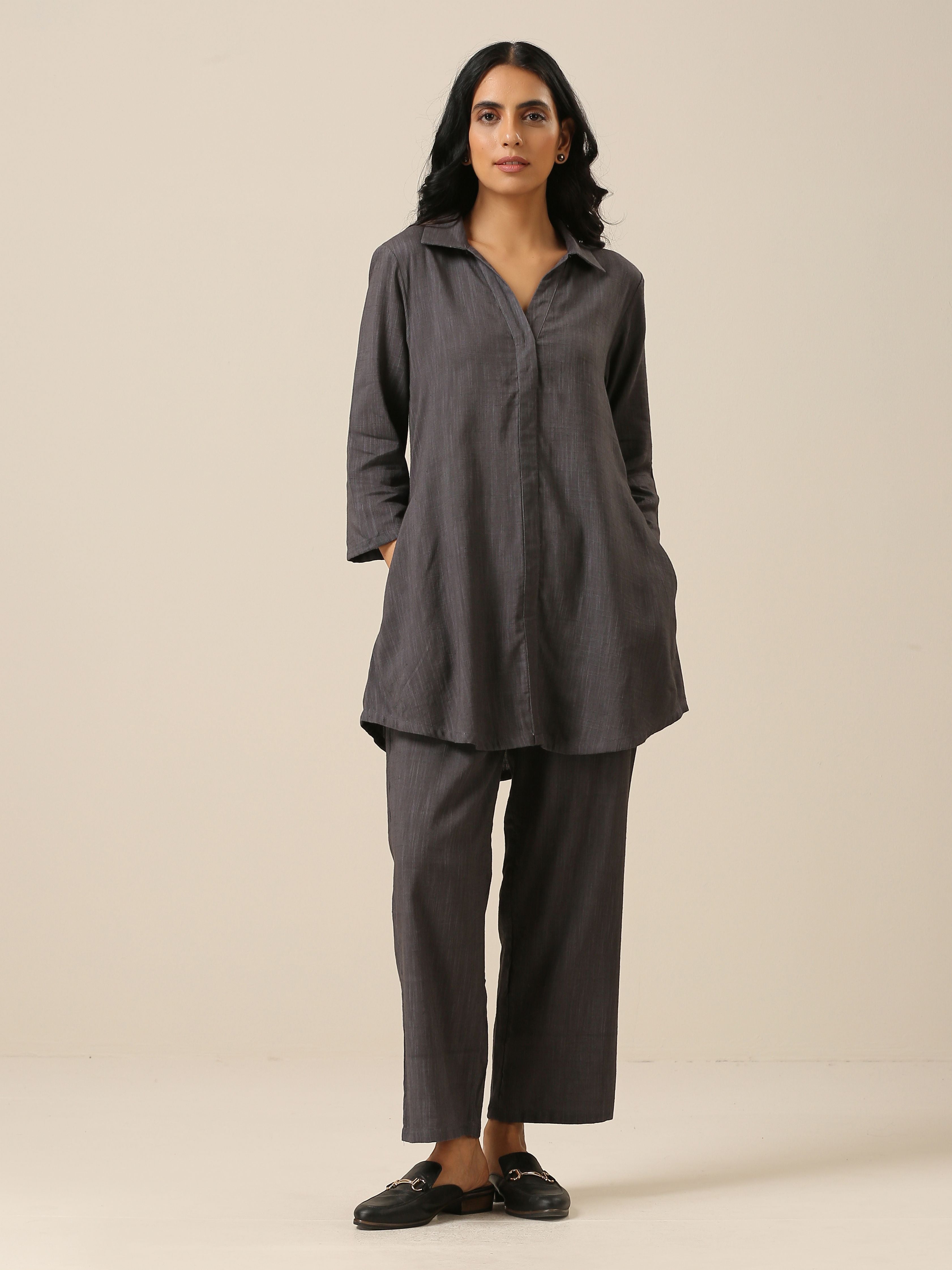 trueBrowns Slate Grey Slub Texture Collar Short Co-Ord Set | Grocsy