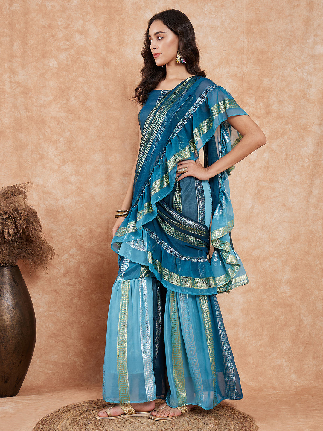 InWeave Women's Teal Shaded Lurex Frill Sharara Saree | Grocsy
