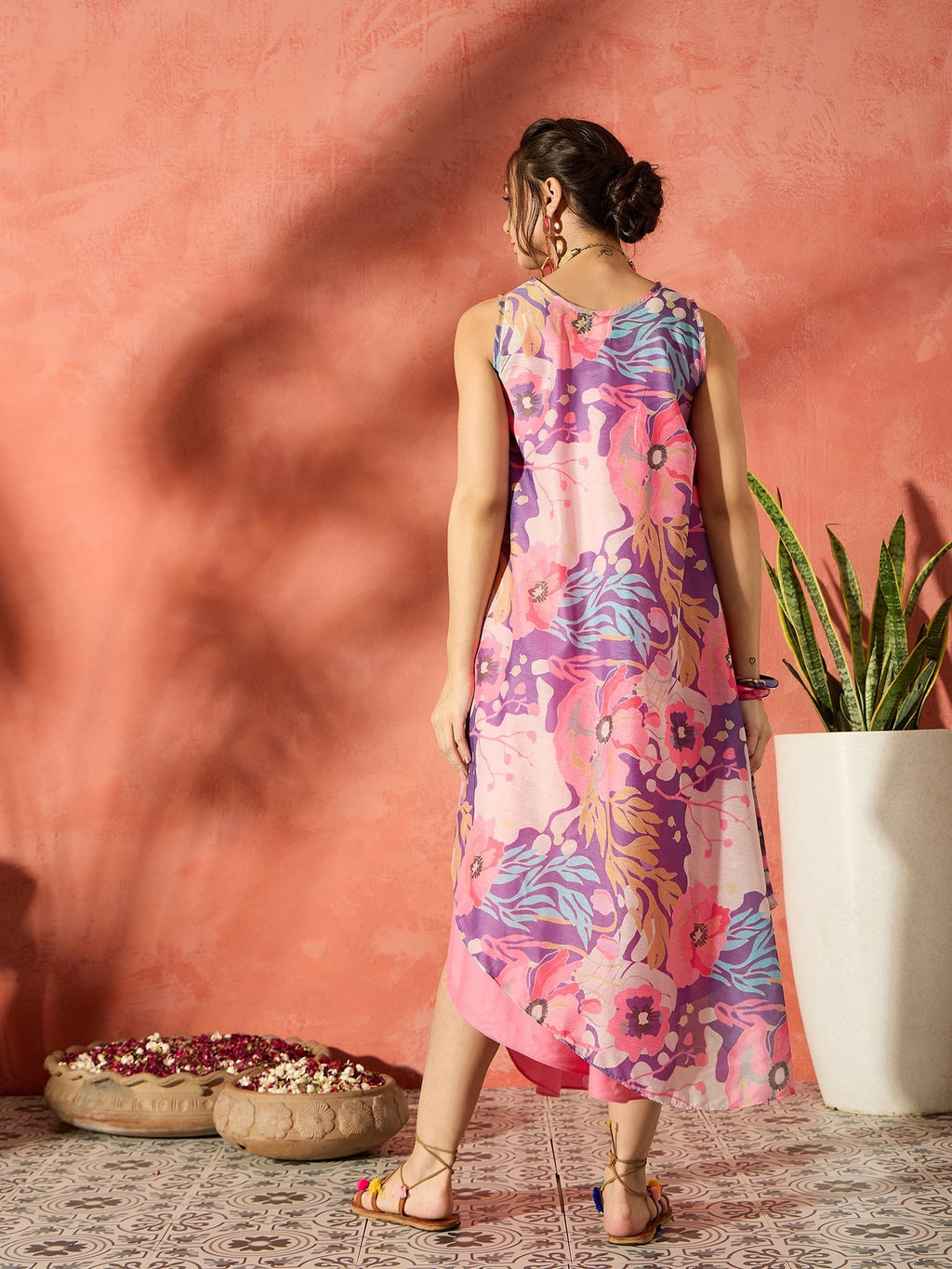 InWeave Purple Floral Peach Asymmetrical Dress | Grocsy