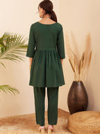 InWeave Women's Forest Green Round Neck Square Gota Work Kurta Pant Set | Grocsy