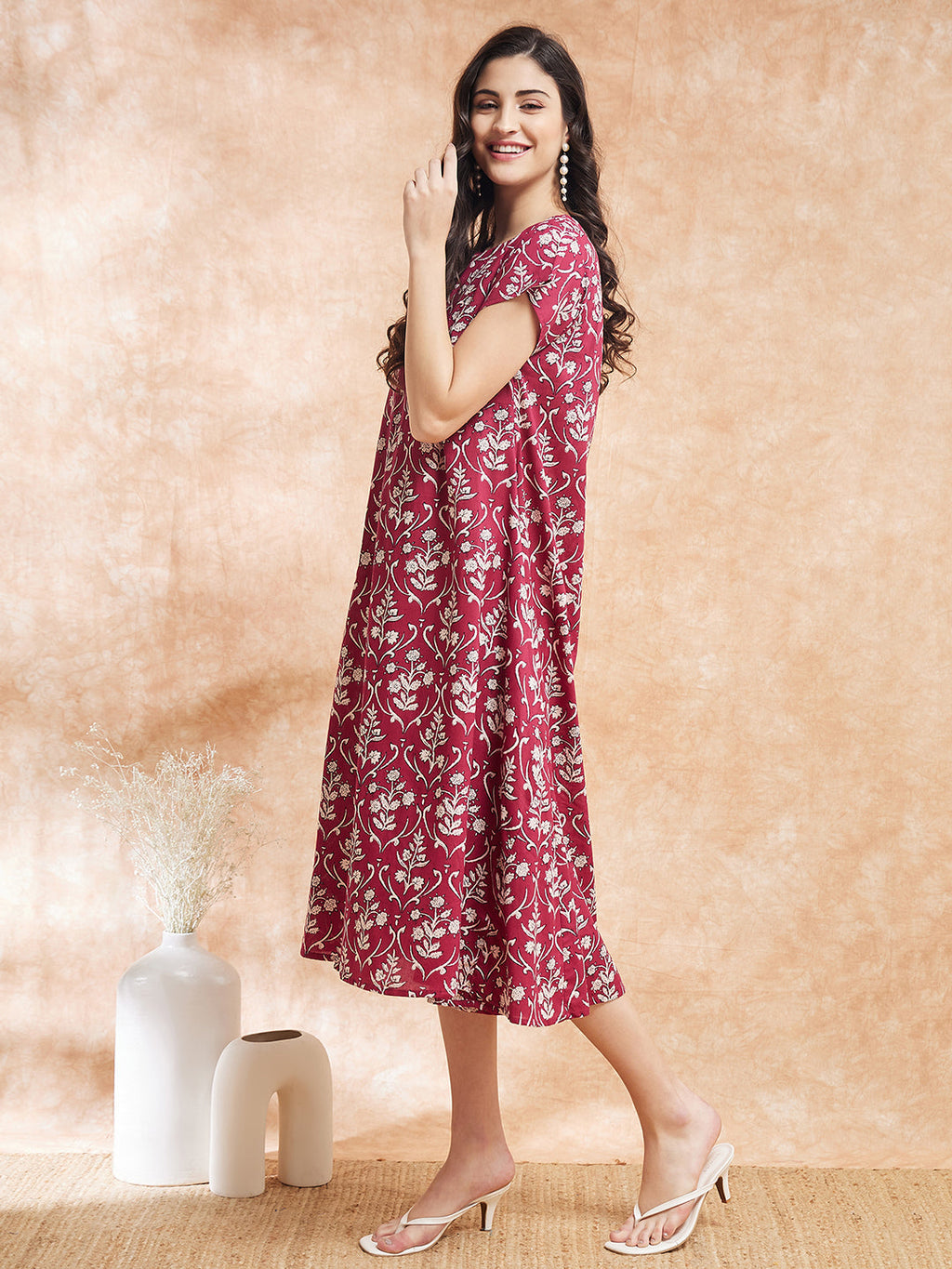 InWeave Women's Wine Cream Floral Print A Line Dress | Grocsy