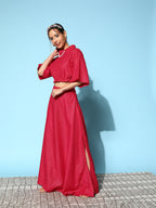 InWeave Women's Candy Red Gold Crop Top With Side Slit Skirt | Grocsy