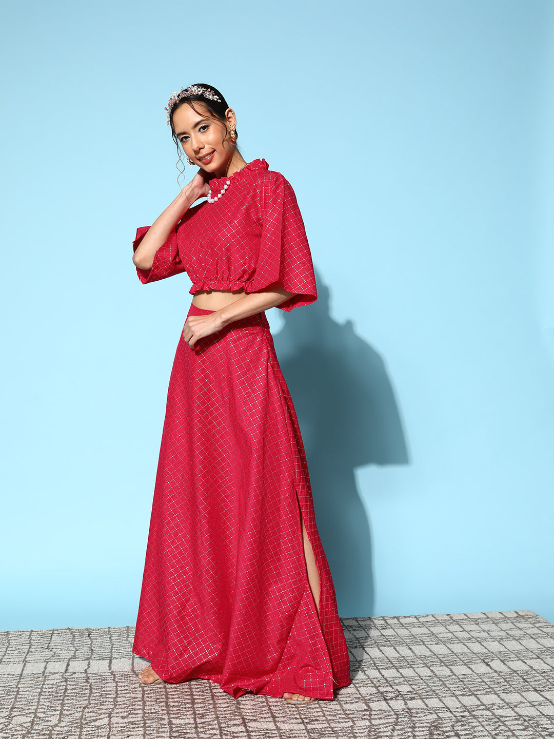 InWeave Women's Candy Red Gold Crop Top With Side Slit Skirt | Grocsy