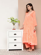InWeave Women's Peach Tiered Anarkali Kurta Set | Grocsy