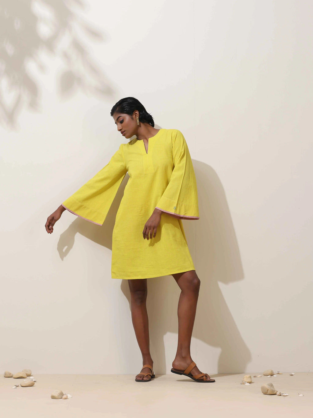 trueBrowns Lime Cotton Linen Dress | Grocsy