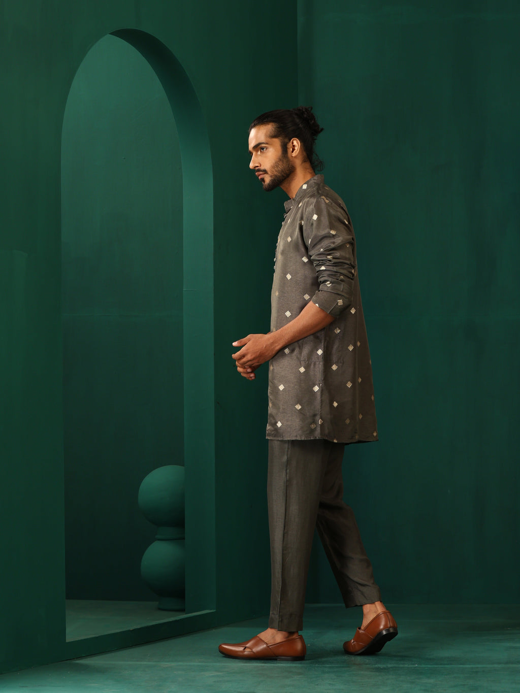 trueBrowns Men's Grey Diamond Viscose Silk Co-ord Set | Grocsy
