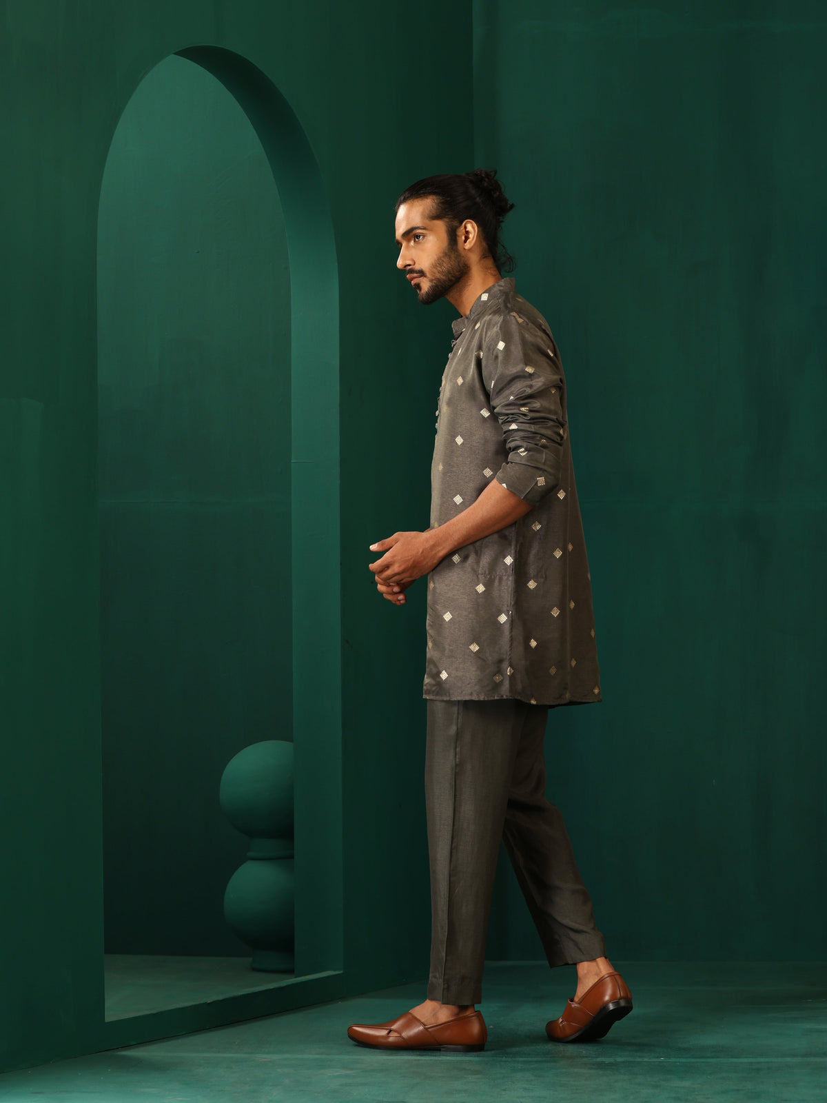trueBrowns Men's Grey Diamond Viscose Silk Co-ord Set | Grocsy