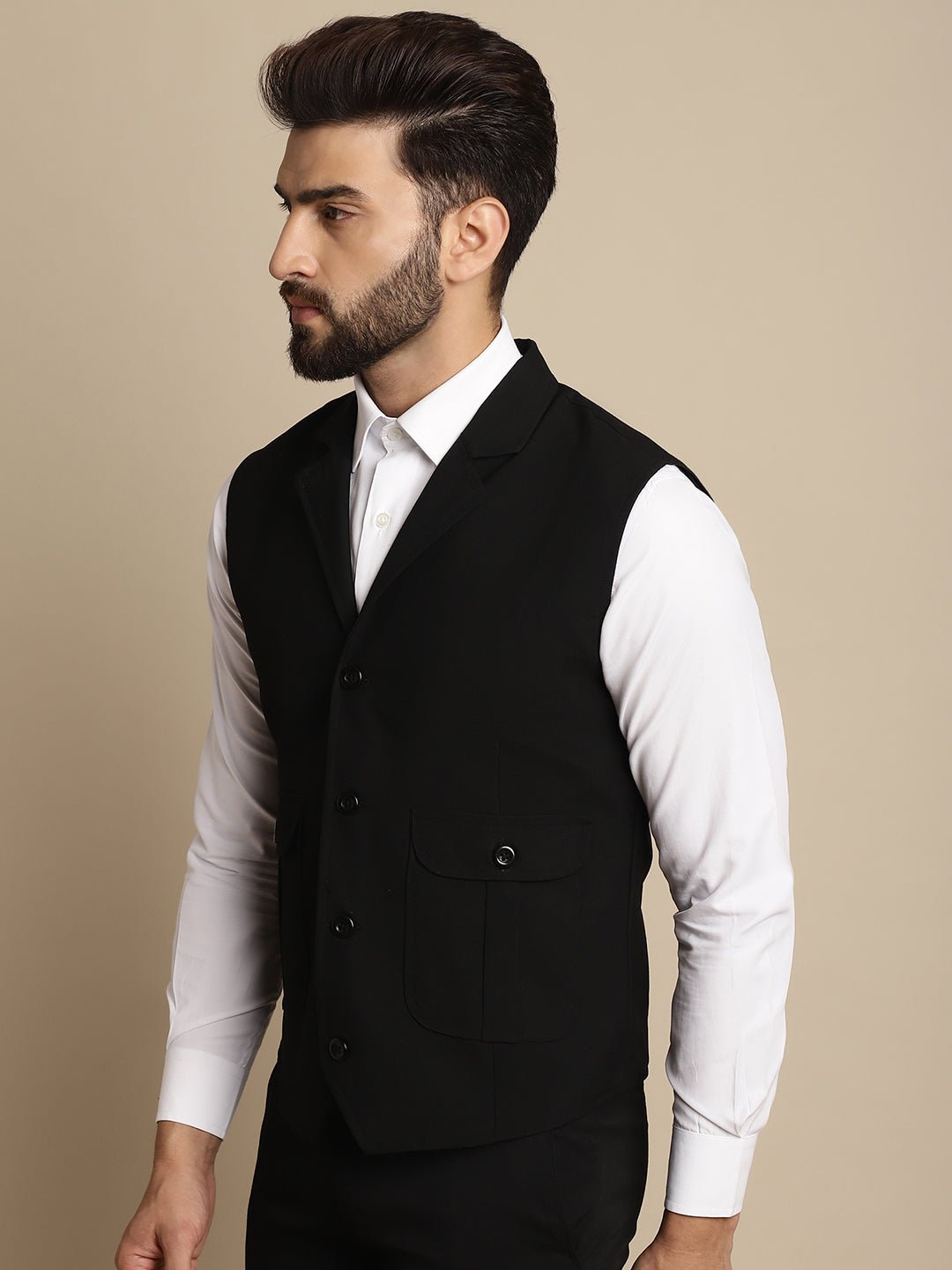 Even Apparels Men's Black Waistcoat with Notched Lapel | Grocsy