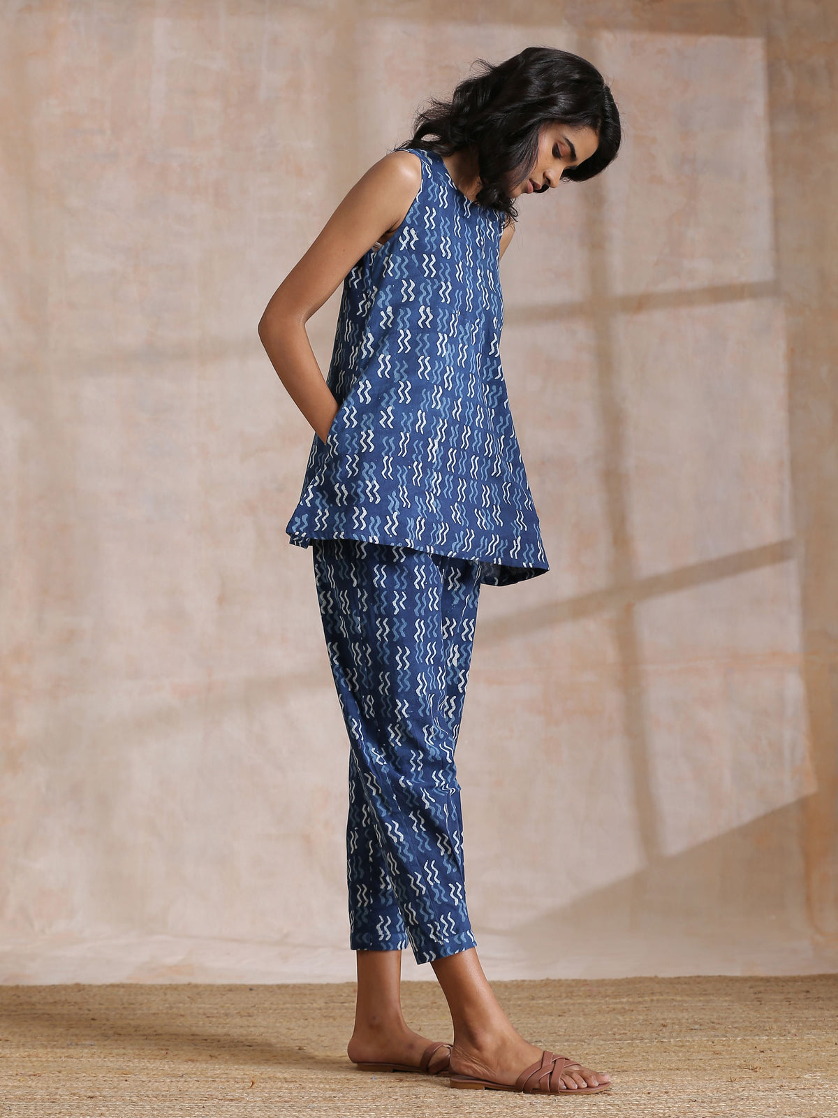 trueBrowns Indigo Dabu Zig-Zag Motifs Print Cotton Sleeveless Co-Ord Set | Grocsy