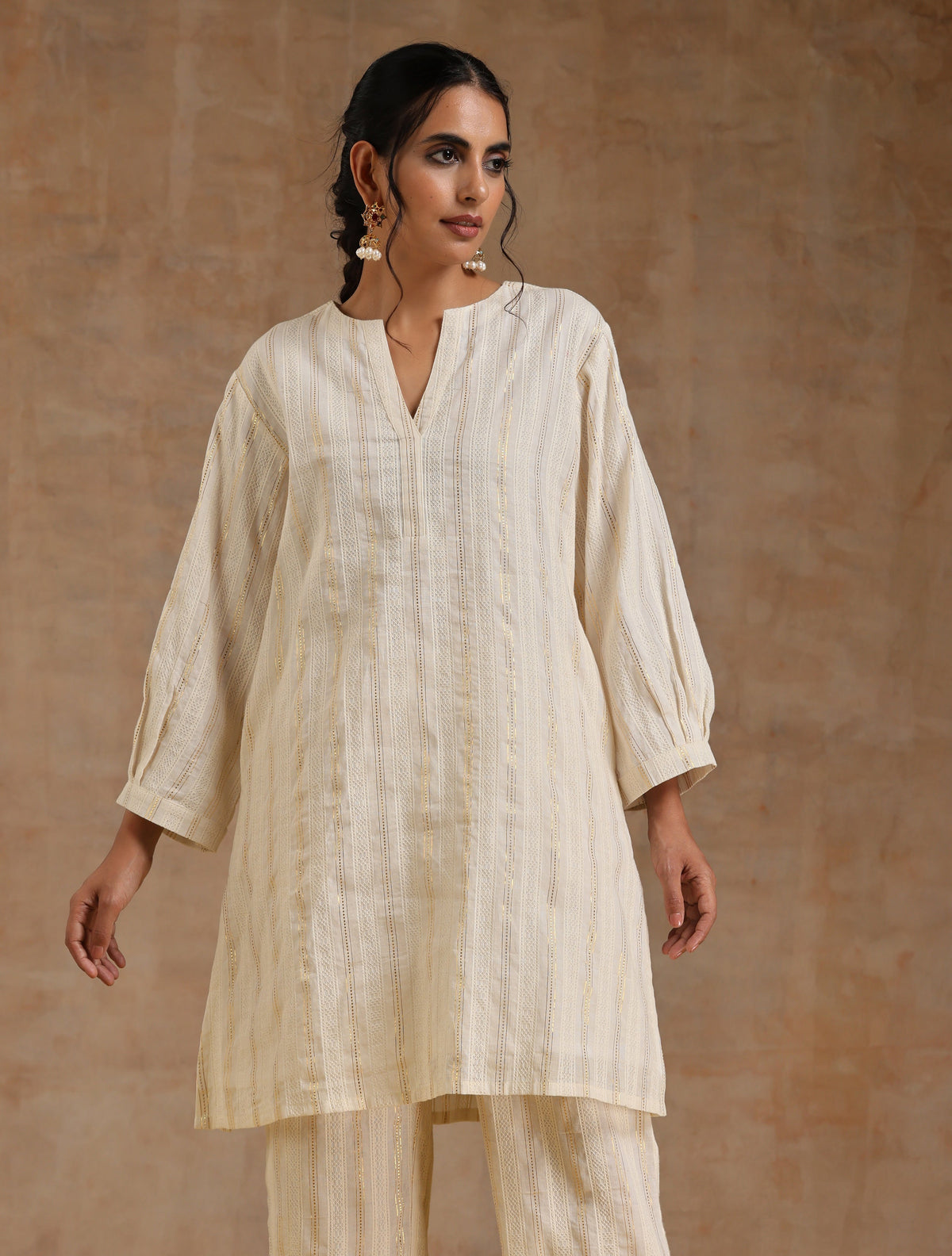 trueBrowns Ivory Gold Cotton Relaxed Co-Ord Set | Grocsy