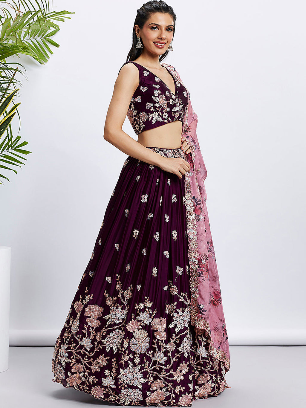 House of Panchhi Purple Pure Georgette Sequins And Thread Embroidery Lehenga Choli & Dupatta | Grocsy