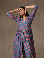 trueBrowns Blue Pink Printed Silk Kurta Pant Set | Grocsy