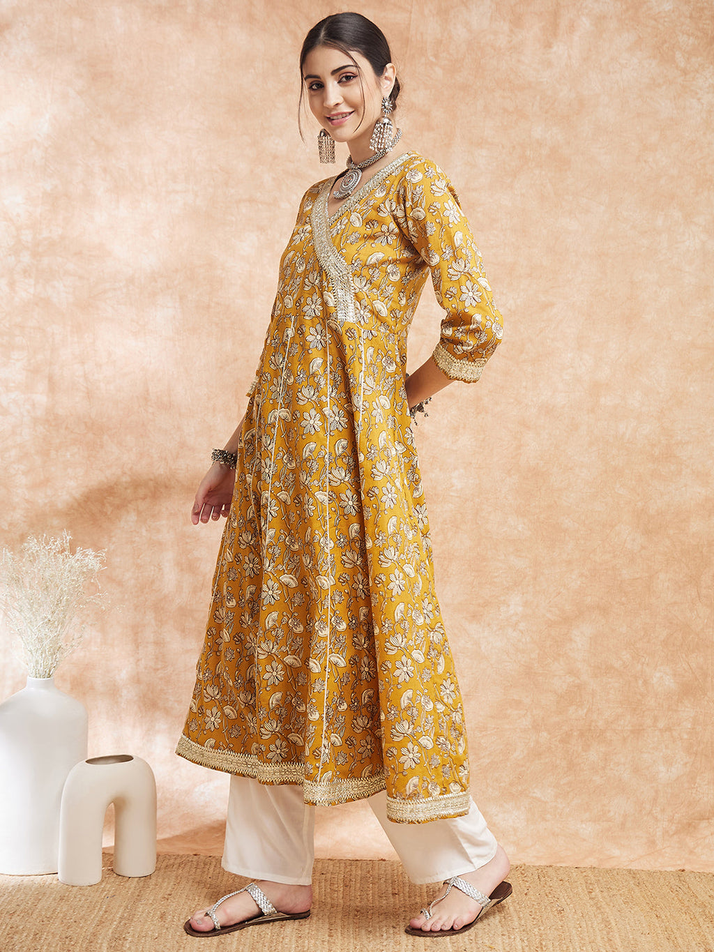 InWeave Women's Mustard Printed Gota Embroidered Anarkali Kurta | Grocsy