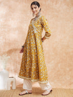 InWeave Women's Mustard Printed Gota Embroidered Anarkali Kurta | Grocsy