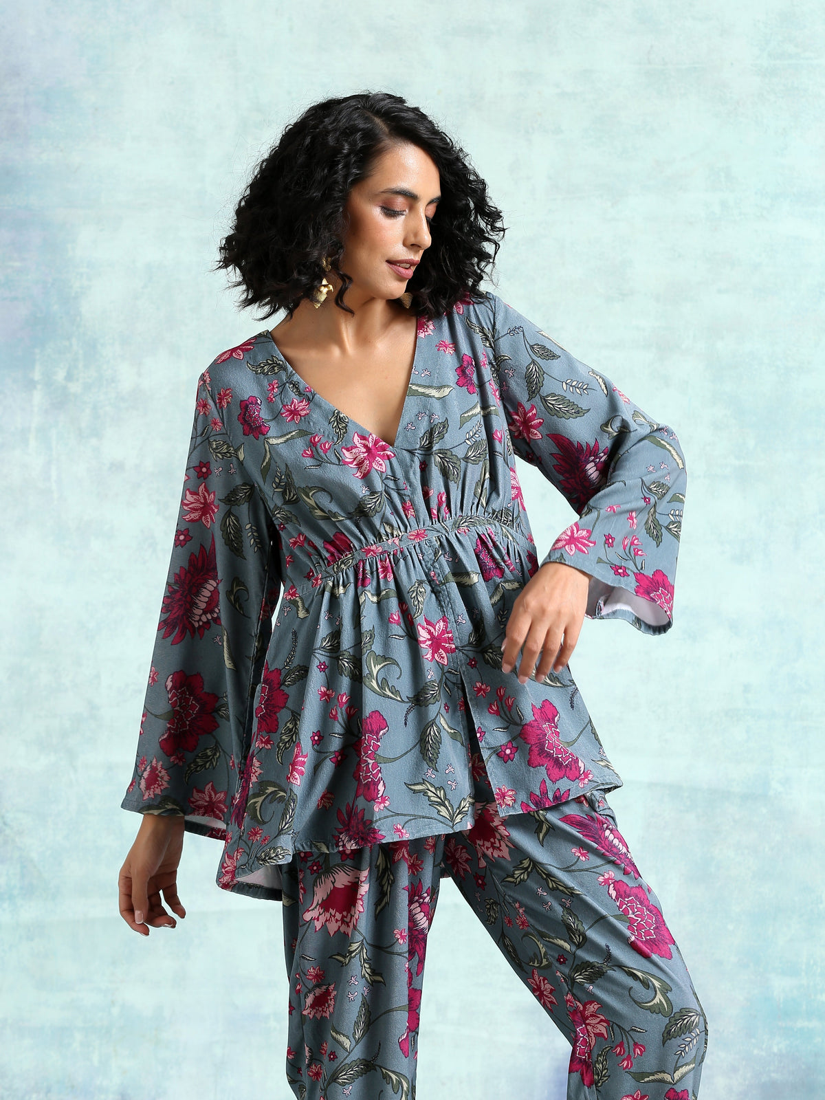 trueBrowns Grey Printed Velvet Co-Ord Set | Grocsy