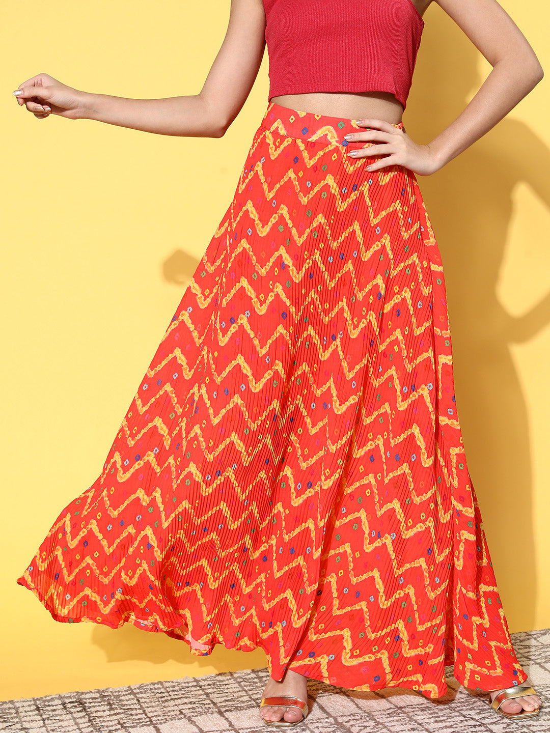InWeave Women's Orange Bandhej Pleated Skirt | Grocsy