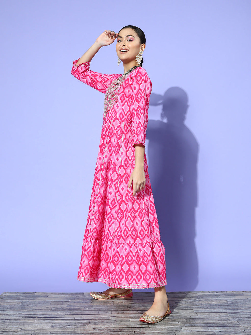 InWeave Women's Abstract Pink Print Long Dress With Work | Grocsy