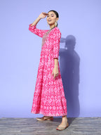 InWeave Women's Abstract Pink Print Long Dress With Work | Grocsy