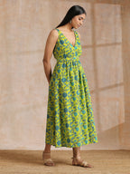 trueBrowns Lime Green Overall Teal Floral Block Print Cotton Sleeveless Wrap Dress | Grocsy