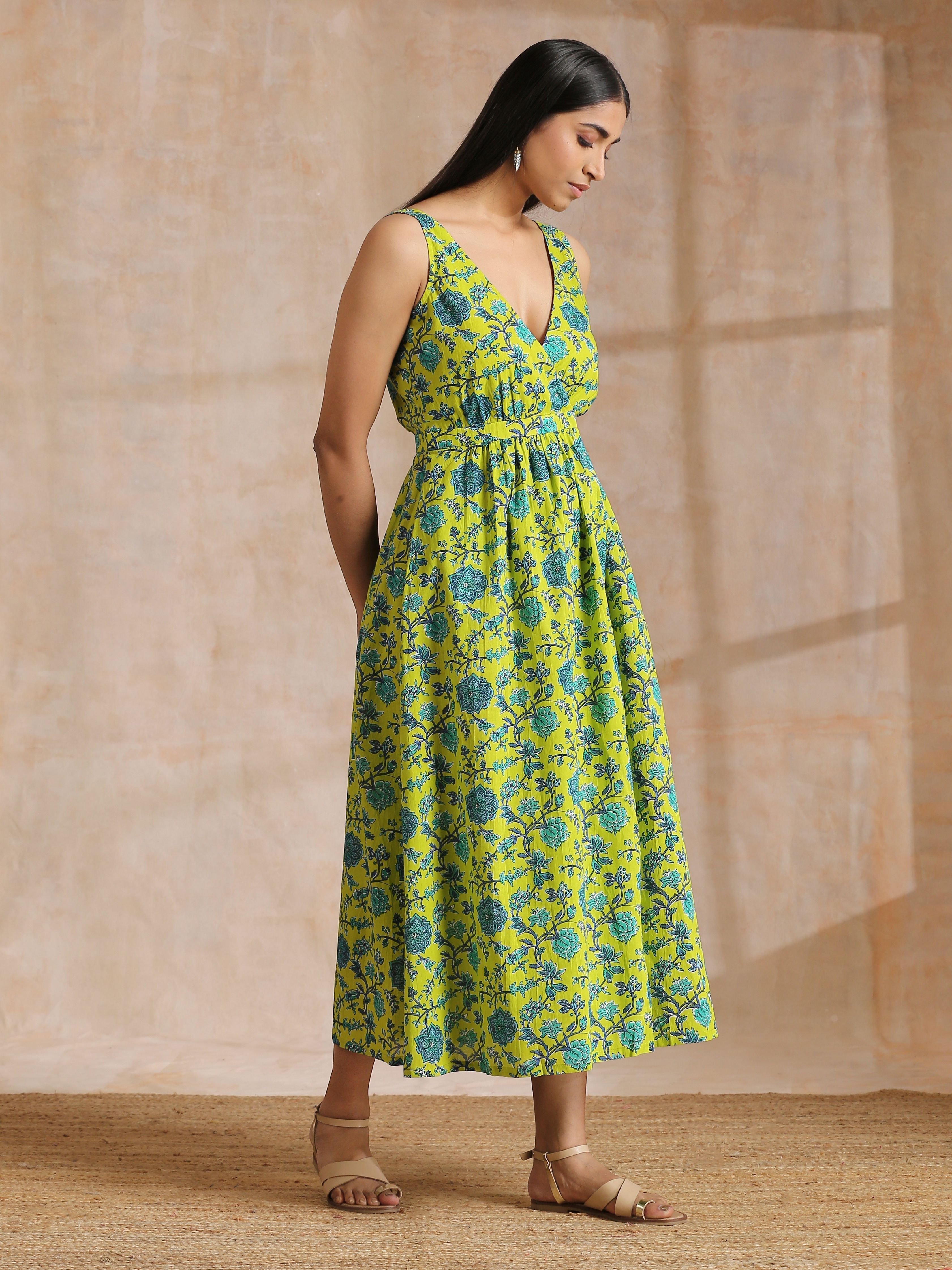 trueBrowns Lime Green Overall Teal Floral Block Print Cotton Sleeveless Wrap Dress | Grocsy