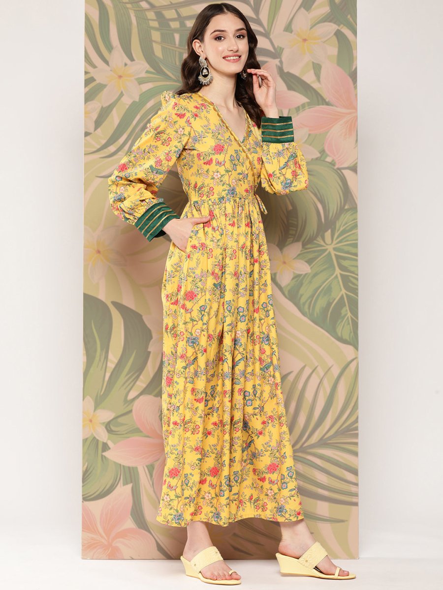 Ahalyaa Floral Printed Tie-Ups Crepe Empire Ethnic Dress | Grocsy