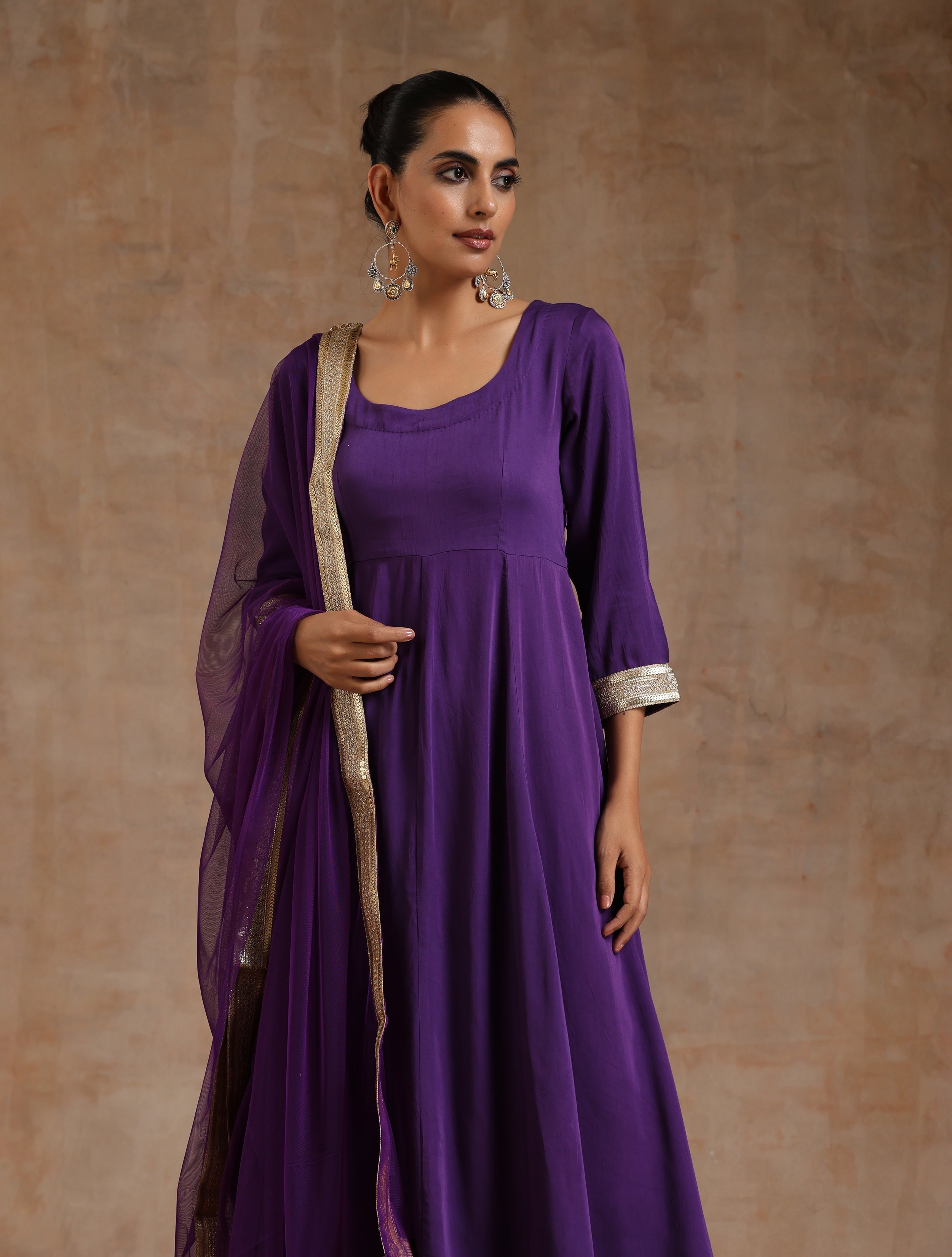 trueBrowns Violet Modal Satin Anarkali Set | Grocsy