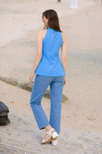Myshka Women Blue Pure Cotton Embroidered Halter Neck Regular Top | Grocsy