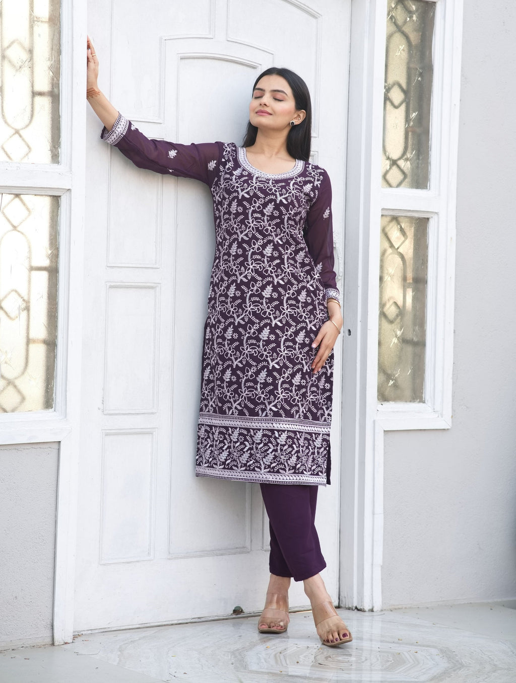 Teeya Creation Wine Color Faux Georgette Silk Heavy Embroidery Work Fully Stitched Salwar Suit | Grocsy