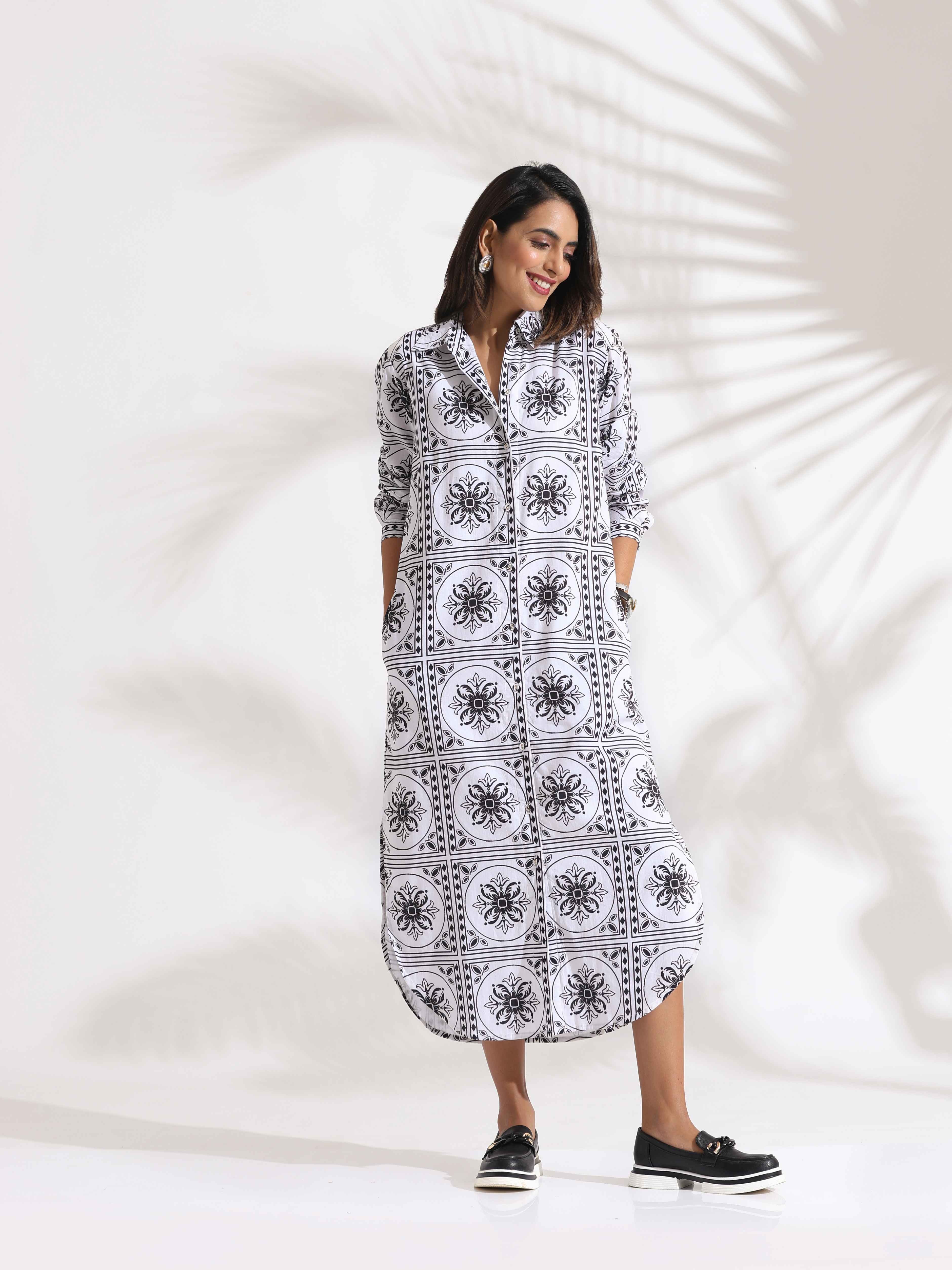 trueBrowns White Cotton Print Shirt Dress | Grocsy
