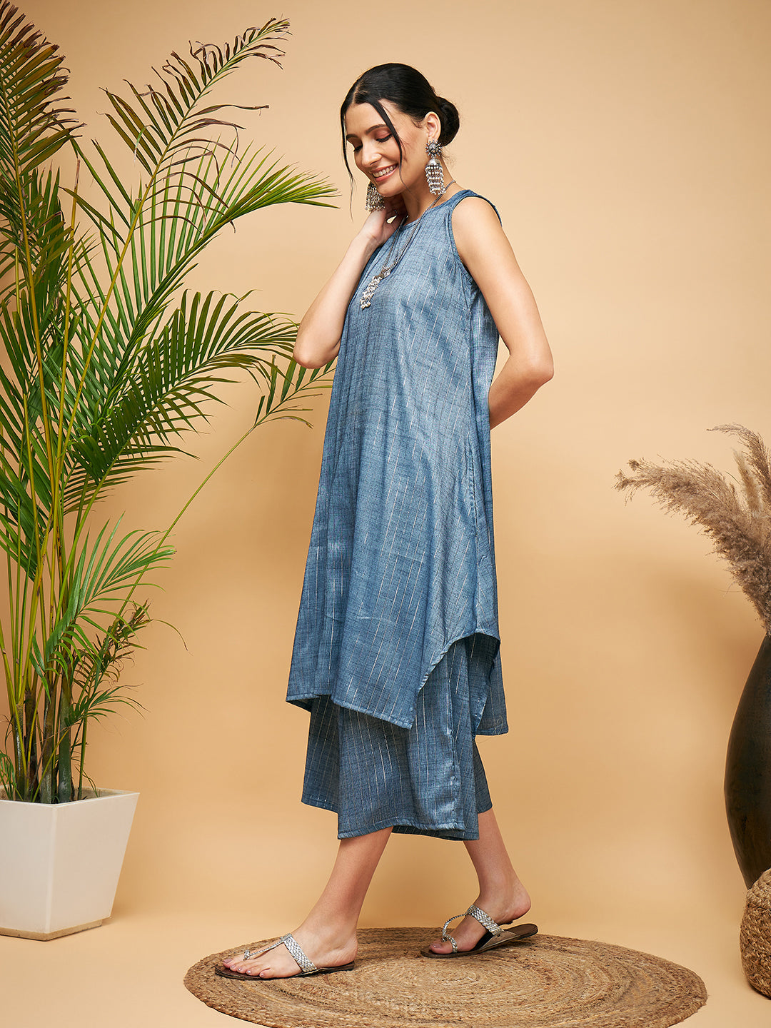 InWeave Women's Blue Lurex Short Pallazo Kurta Set | Grocsy