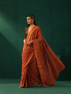 trueBrowns Rust Cotton Gold Lurex Striped Ready to Wear Saree | Grocsy