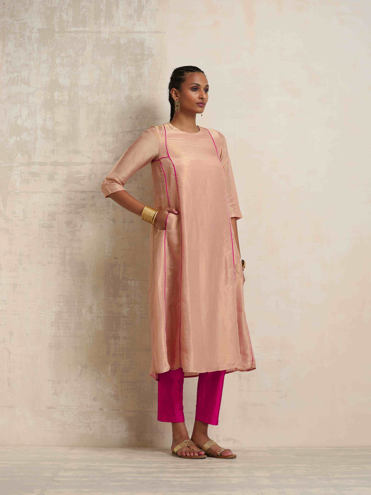 trueBrowns Blush Pink Tissue A-line Kurta Set | Grocsy
