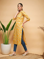 InWeave Women's Yellow Foil Print Gota Straight Kurta | Grocsy