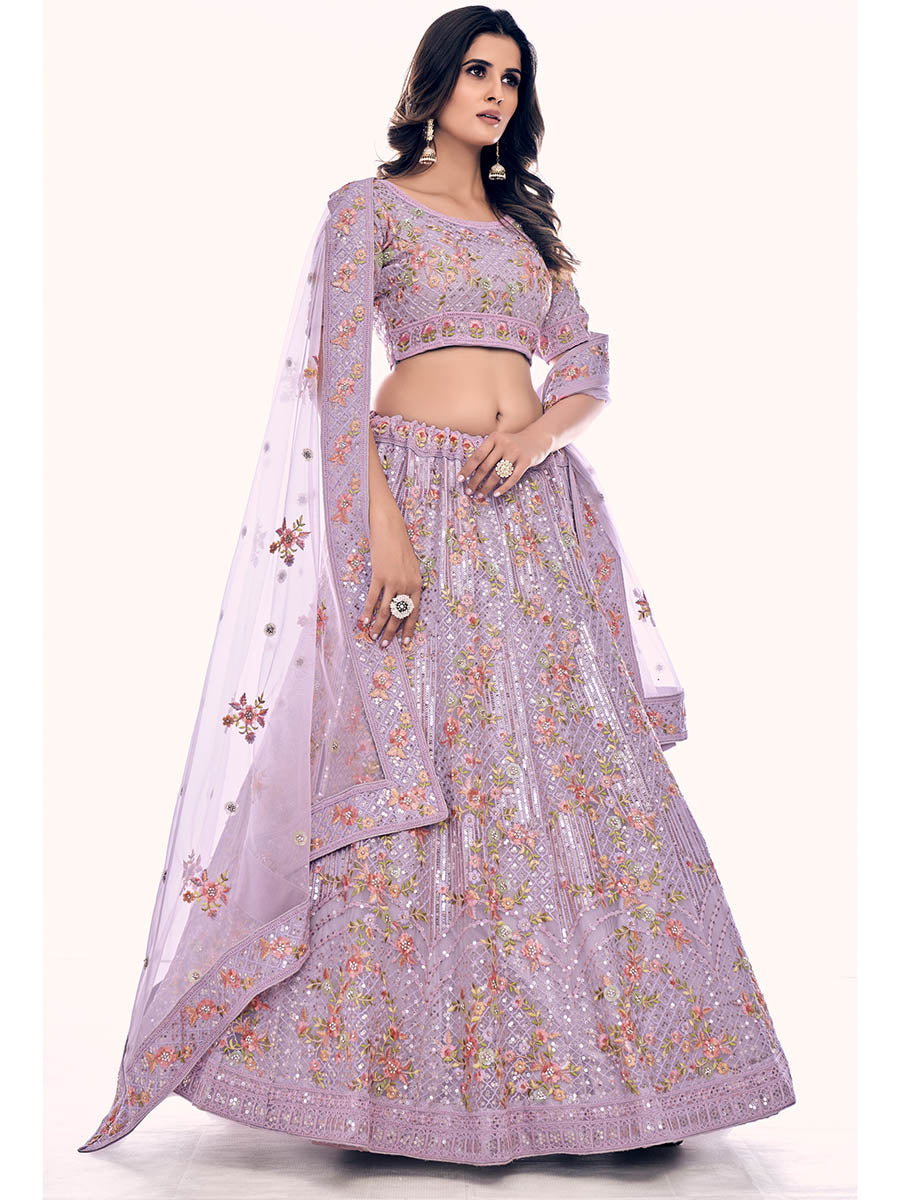 Myra Lilac Soft Net Embroidered Designer Lehenga Choli | Grocsy