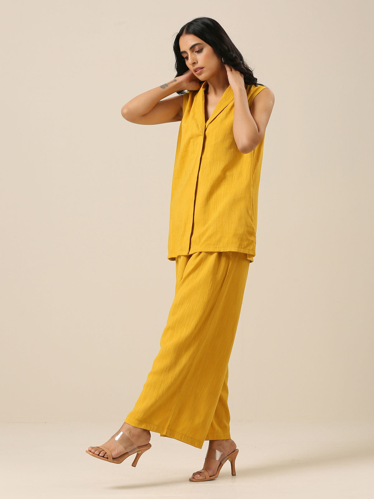 trueBrowns Mustard Yellow Slub Texture Sleevesless Jacket Pant Set | Grocsy