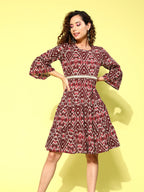 InWeave Women's Wine Pink Ikkat Print Short Dress | Grocsy