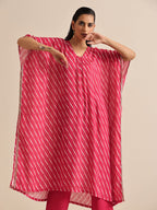 trueBrowns Pink Lehariya Printed Silk Kaftan Pant Set | Grocsy