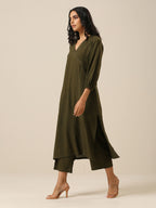 trueBrowns Olive Green Slub Texture Kurta Pant Set | Grocsy