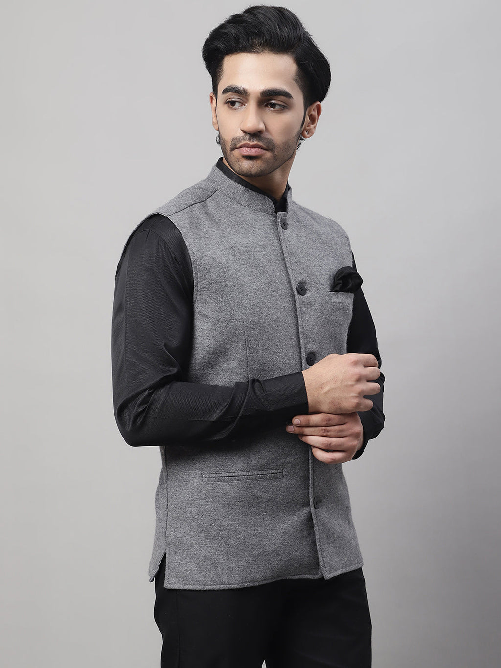 Even Apparels Men's Grey Pure Wool Nehru Jacket | Grocsy