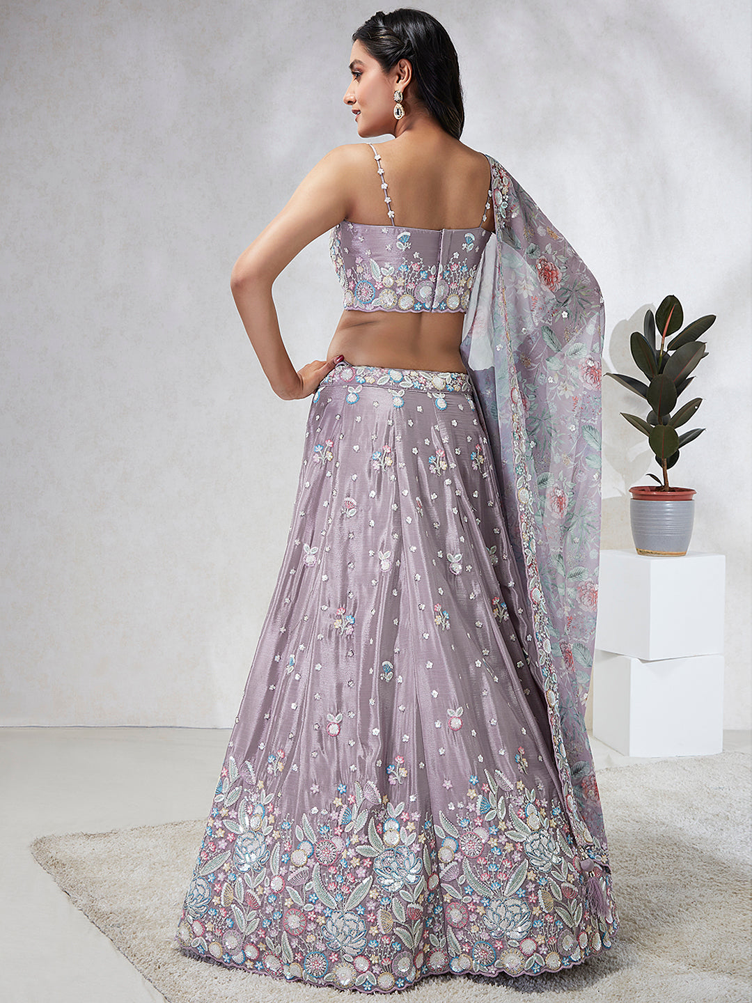 House of Panchhi Mauve Chiffon Sequins And Thread Embroidery Lehenga Choli & Dupatta | Grocsy