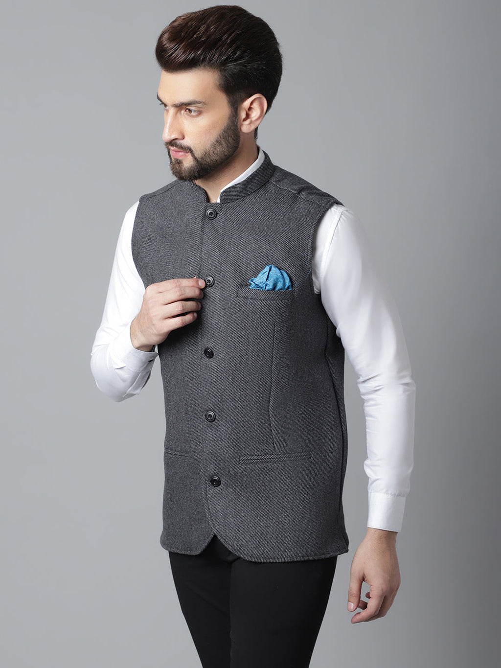 Even Apparels Men's Grey Pure Wool Nehru Jacket | Grocsy