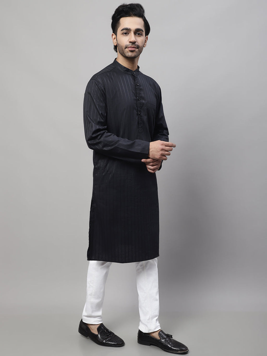 Even Apparels Black Pure Cotton Kurta With Band Collar | Grocsy