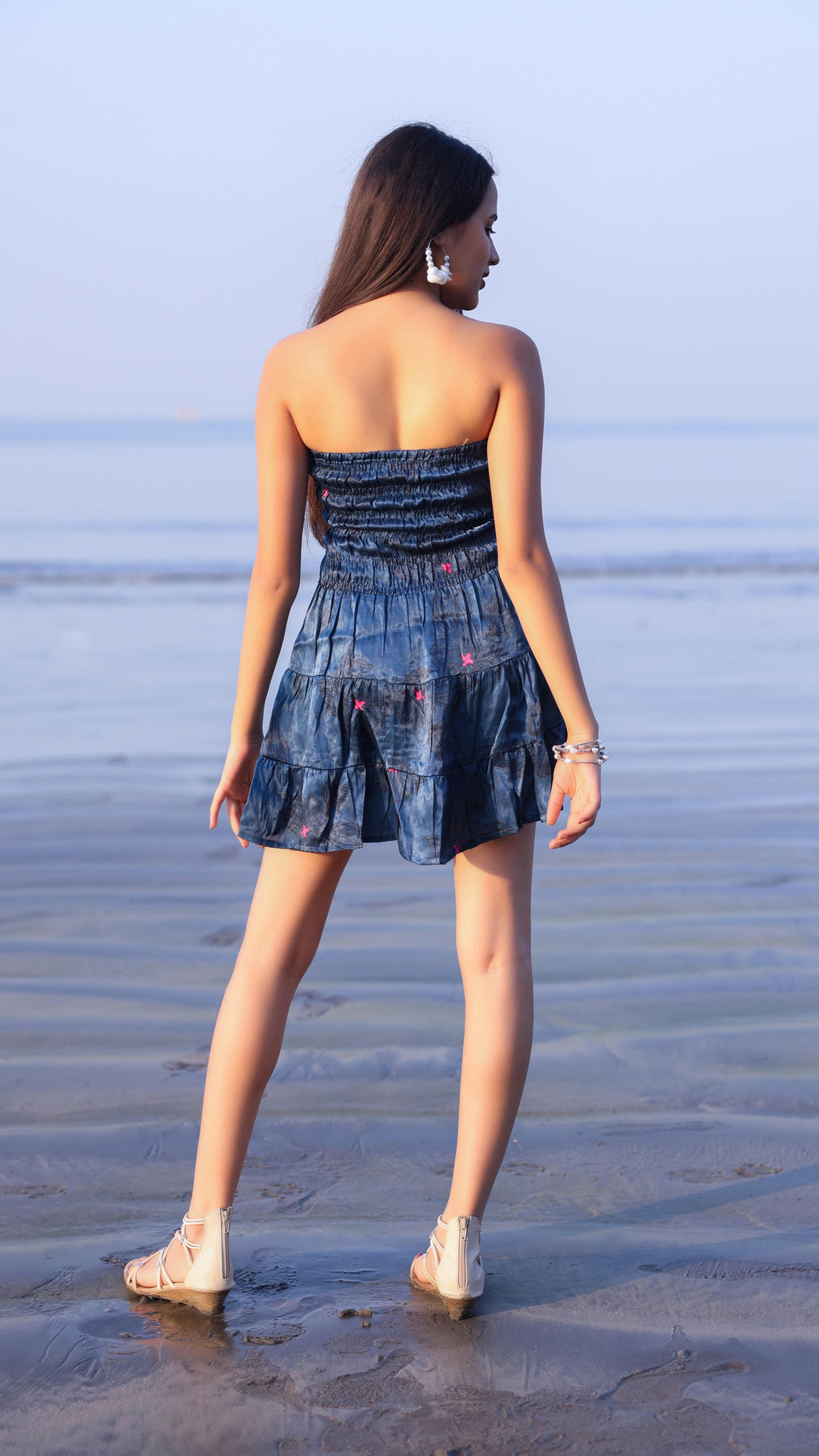 Noroke Modal Steel Blue Printed Mini Tiered Dress | Grocsy